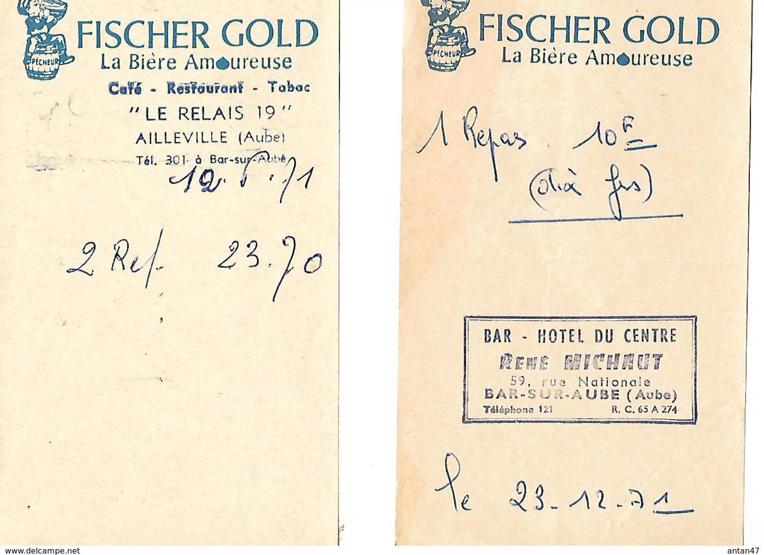 2 Facturettes BIERE FISCHER  GOLD / Restaurant 14 Bar Sur Aube Et Ailleville - Autres & Non Classés