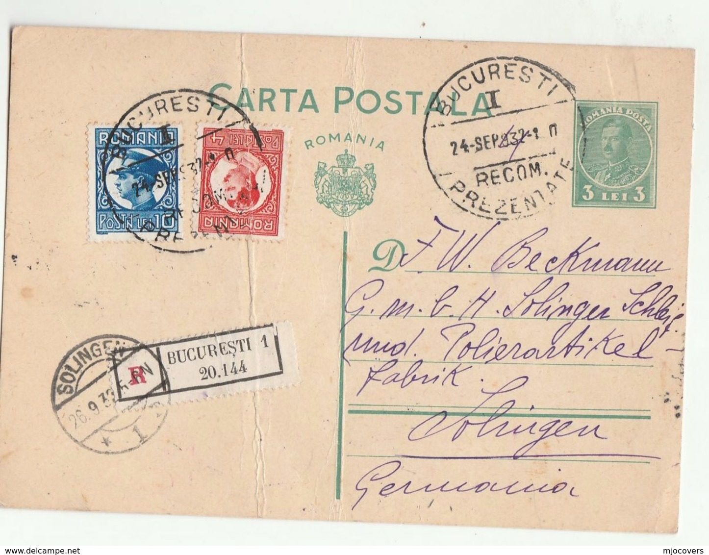 1932 Registered ROMANIA Stamps On UPRATED Postal STATIONERY CARD To Germany Cover - Covers & Documents