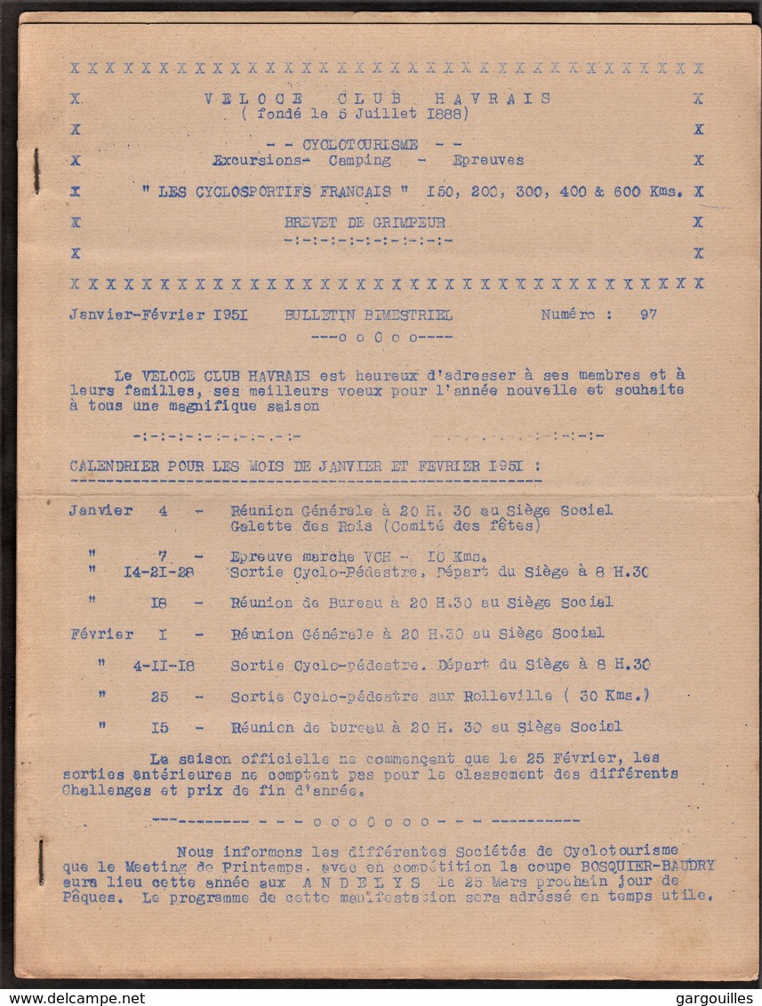 76 LE HAVRE -- Véloce Club Havrais _ Bulletin 1951 _ Brevet Du Grimpeur _ Liste Adhérents & Compte Rendu _Cyclisme, Vélo - Cycling