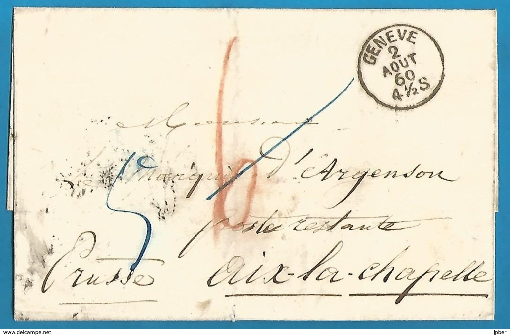 (D010) - Suisse - LSC De GENEVE Vers AIX-LA-CHAPELLE Prusse Du 2/8/60 - Verso Basel - Mainz - Cöln ... - ...-1845 Prephilately