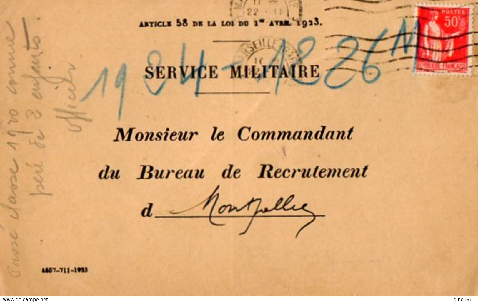 VP12.765 - MILITARIA - Carte - Lettre En Franchise Militaire - Soldat MOURGUES à MARSEILLE Pour MONTPELLIER - Documentos