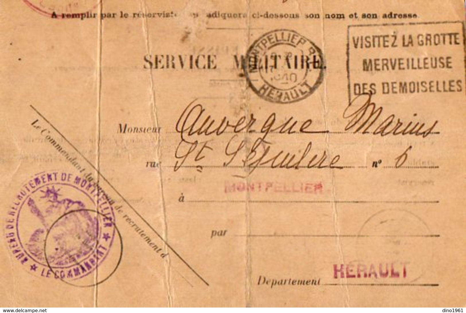 VP12.772 - MILITARIA - Carte - Lettre En Franchise Militaire - Soldat AUVERGNE à MONTPELLIER - Documentos