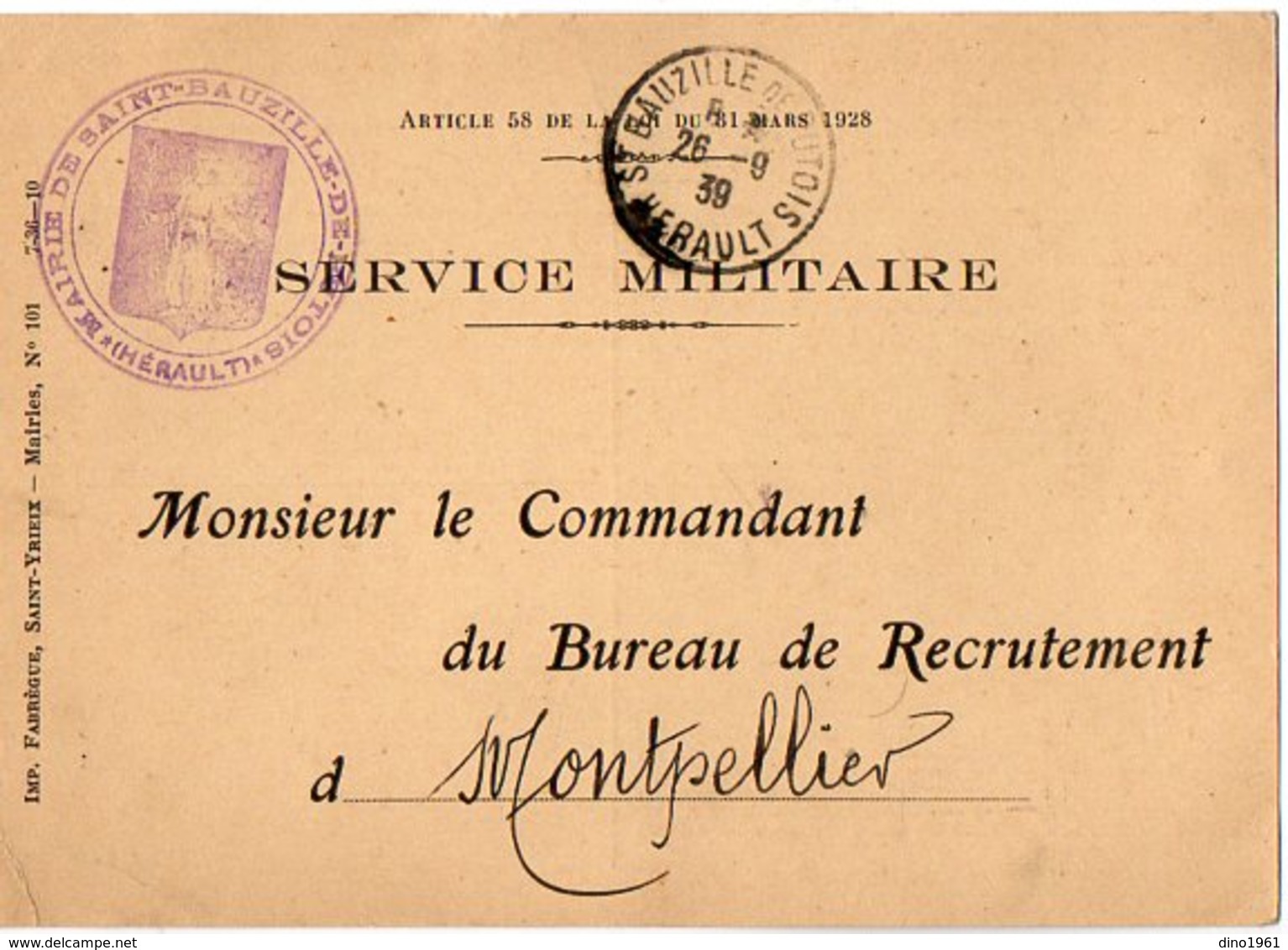 VP12.773 - MILITARIA - Carte - Lettre En Franchise Militaire - Soldat ALLE à SAINT BAUZILLE Pour MONTPELLIER - Documentos