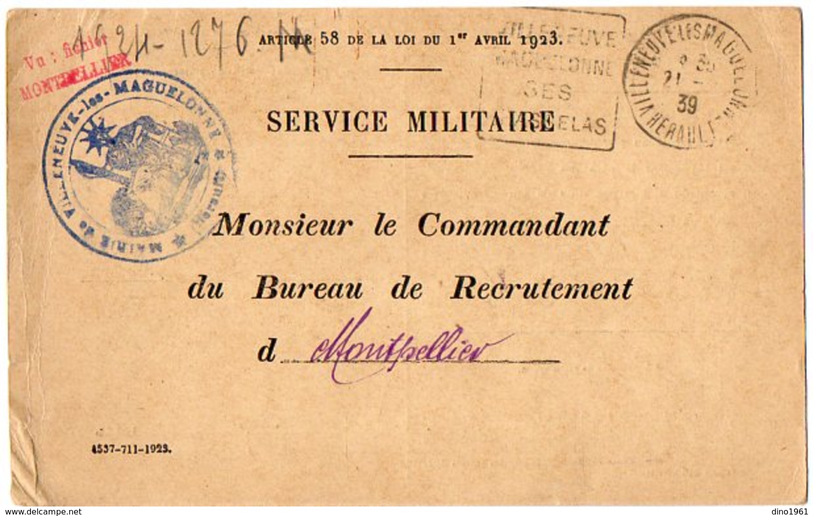 VP12.774 - MILITARIA - Carte - Lettre En Franchise Militaire - Soldat BOUDET à VILLENEUVE ... Pour MONTPELLIER - Documentos