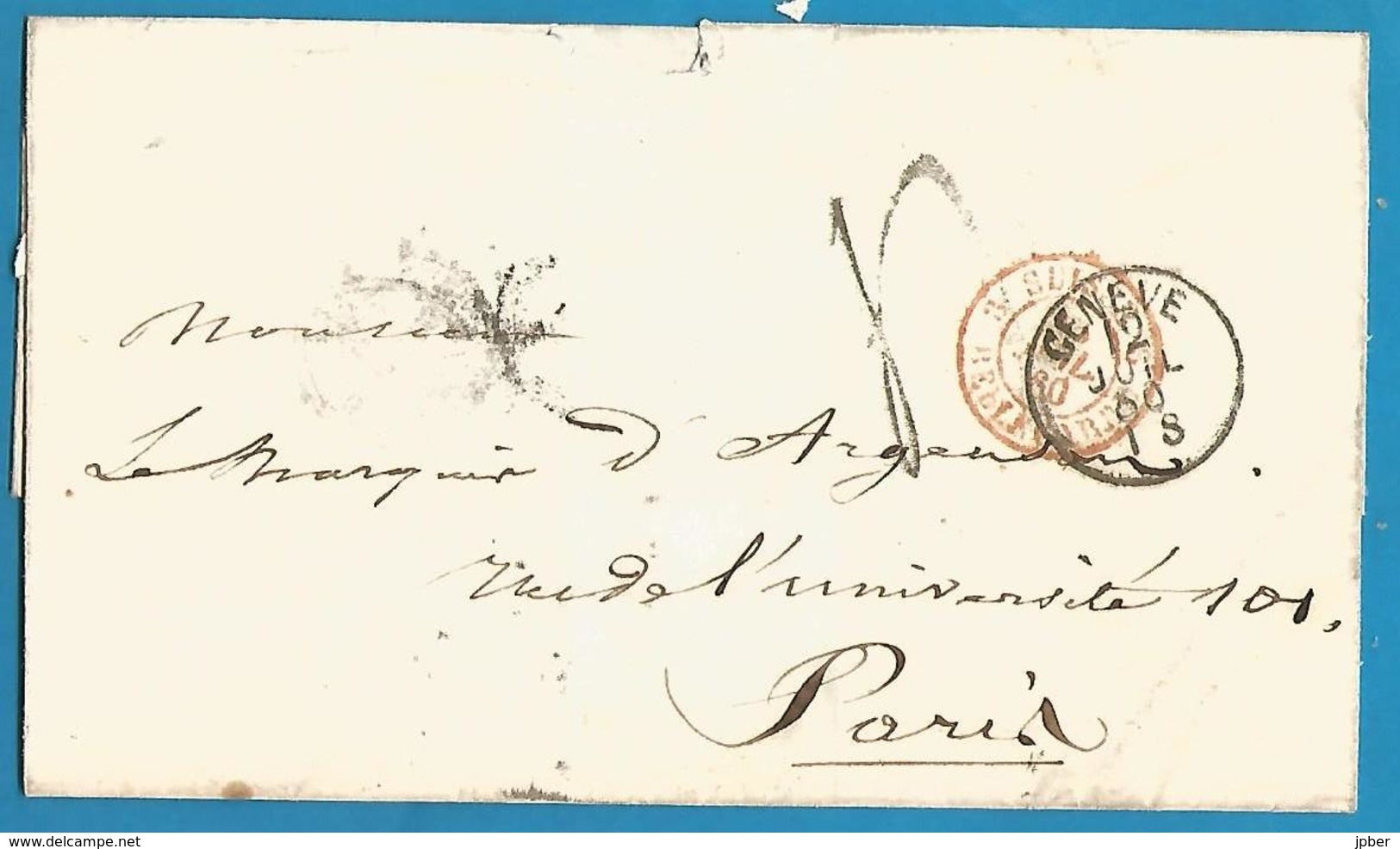 (D014) - Suisse - LSC De GENEVE Vers PARIS Du 2/7/1860 + Passage Suisse Bellegarde En Rouge - ...-1845 Prephilately