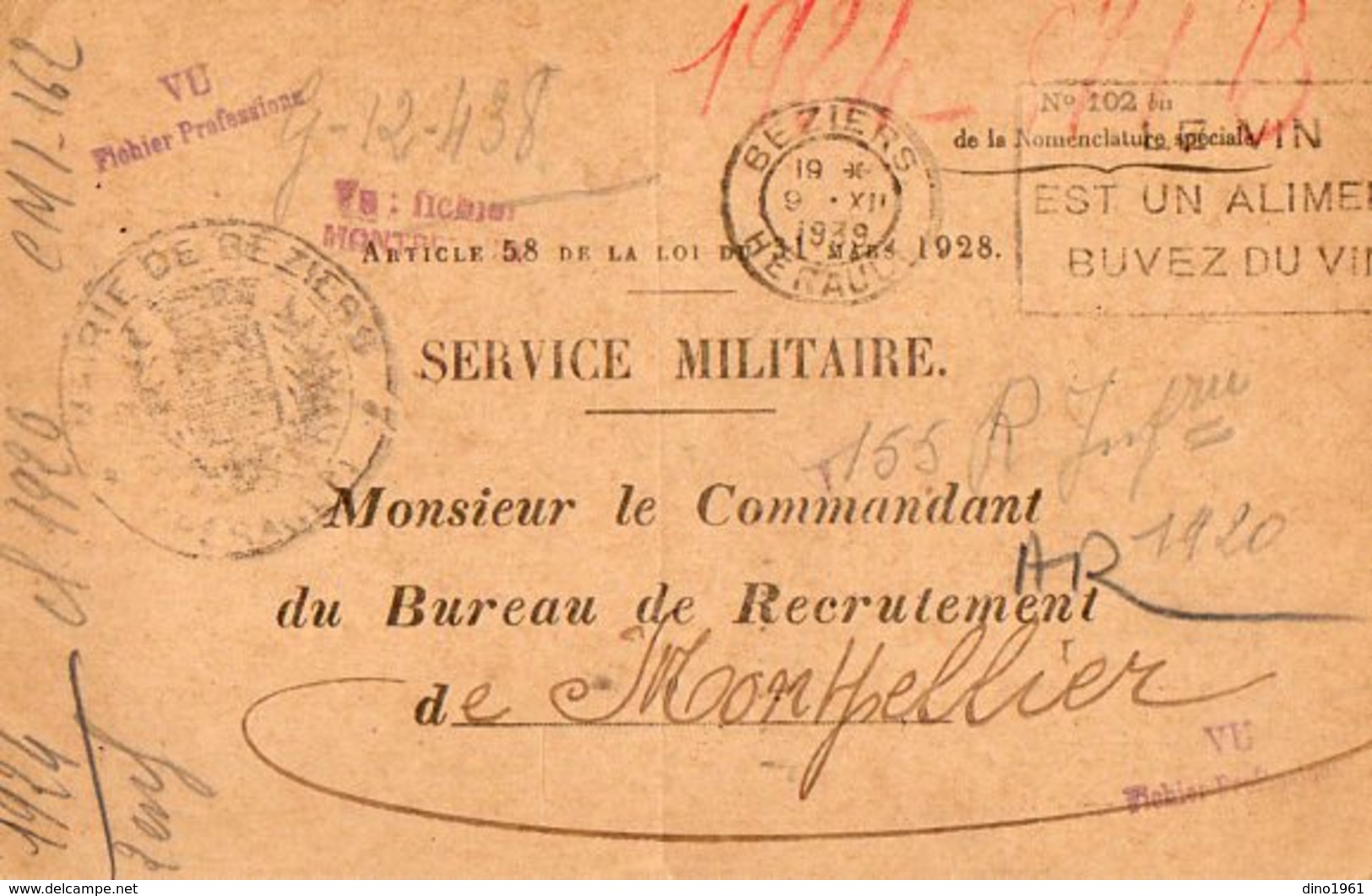 VP12.775 - MILITARIA - Carte - Lettre En Franchise Militaire - Soldat ANDRILLO à BEZIERS Pour MONTPELLIER - Documentos