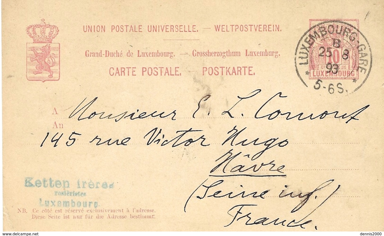 1893- C P E P   De LUXEMBOURG-GARE  Pour Le Havre - 1882 Allégorie