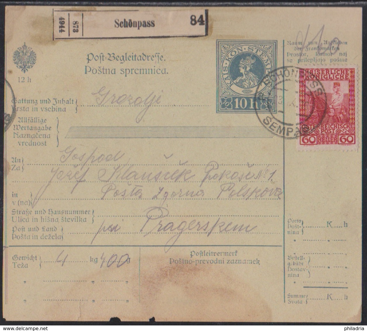 Schönpass (Šempas), Parcel Card, 1905 - Covers & Documents