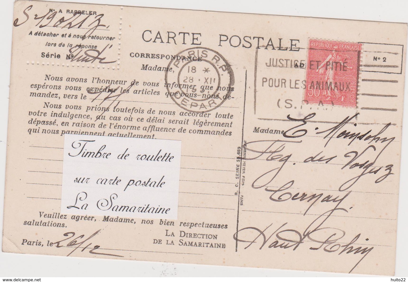 N°199 Timbre De Roulette /CP La Samaritaine - 1903-60 Sower - Ligned