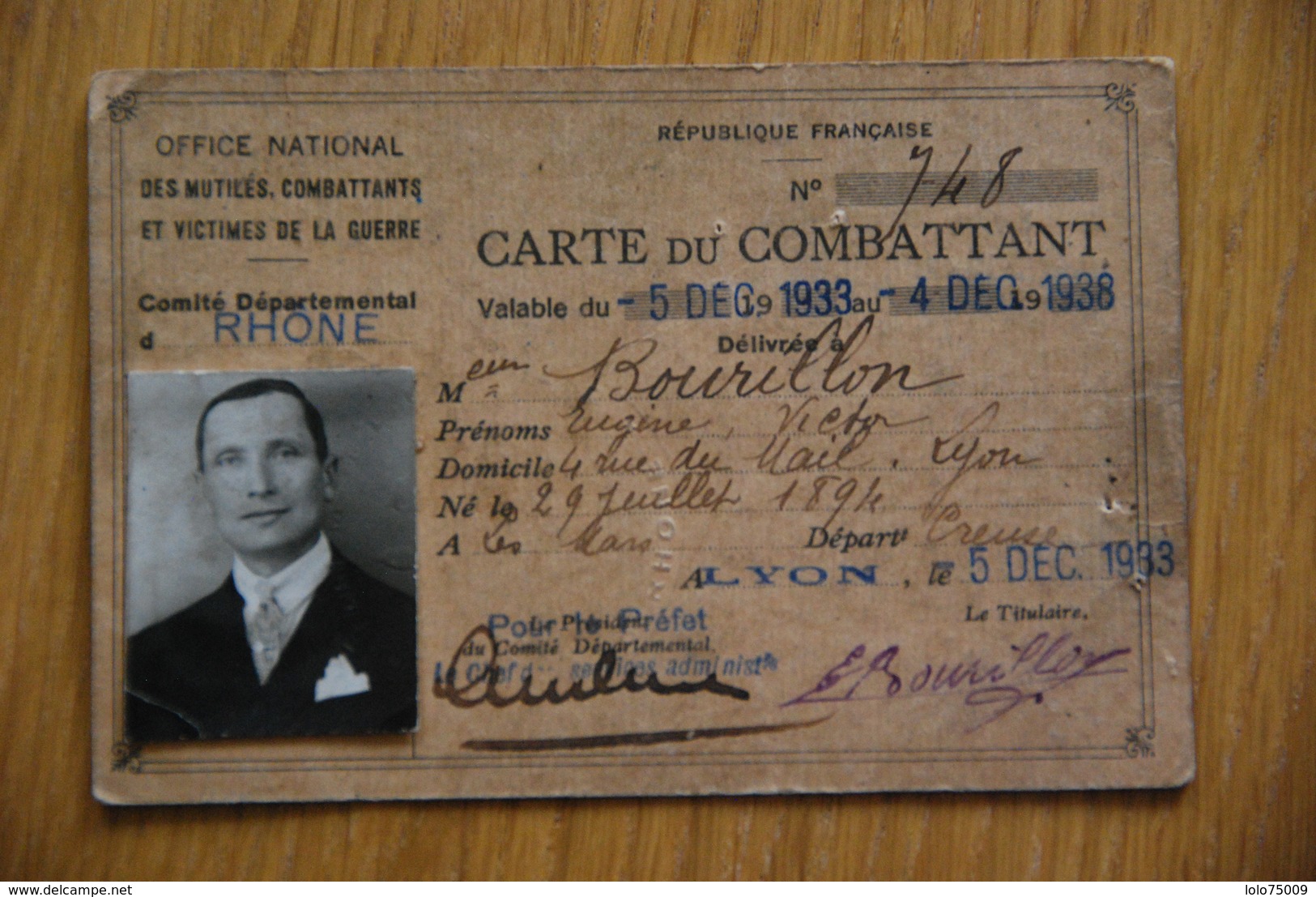 Carte Nominative - Carte De Combattant Lyon Rhone 1933 - Documents Historiques