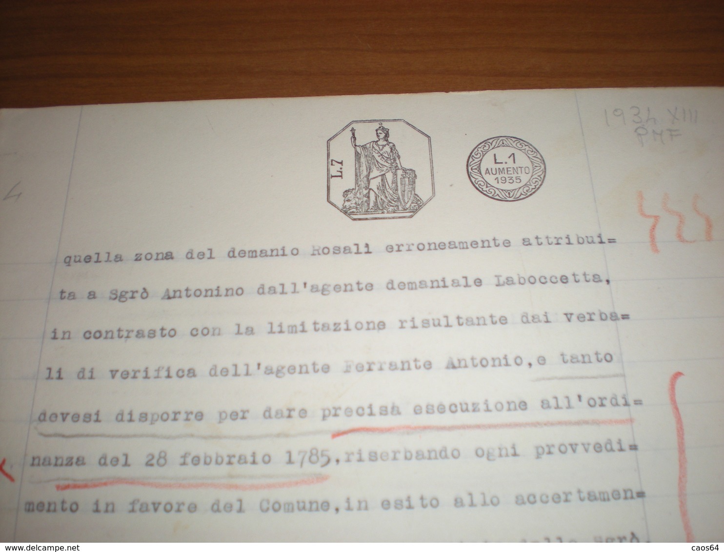 Italia Regno  Carta Bollata Lire 7 Lire 1 Aumento 1935 Filigrana 1934 XIII PMF Timbro Commissariato Usi Civici Catanzaro - Fiscali