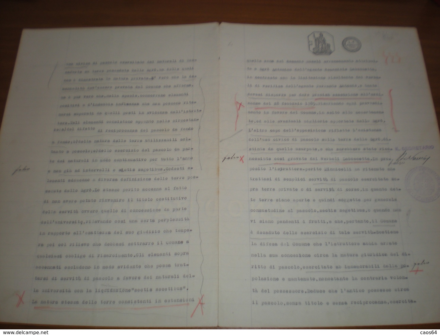 Italia Regno  Carta Bollata Lire 7 Lire 1 Aumento 1935 Filigrana 1934 XIII PMF Timbro Commissariato Usi Civici Catanzaro - Steuermarken