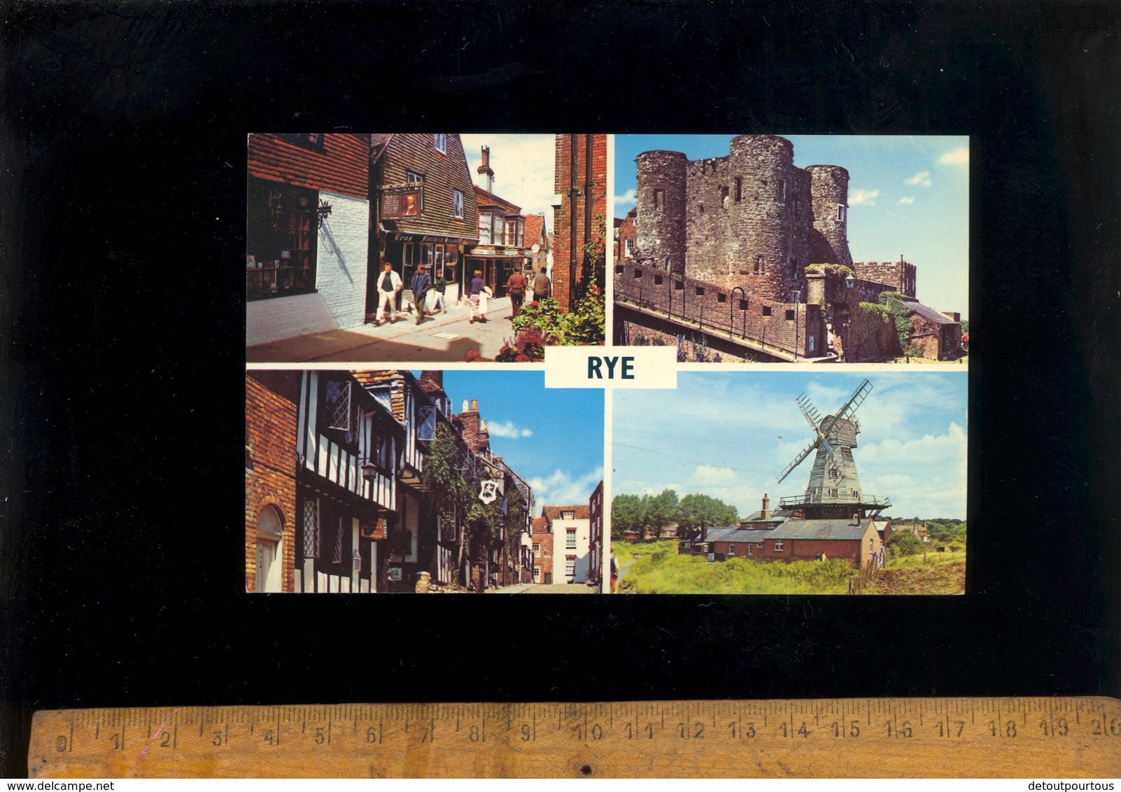 RYE Sussex : 4 Views Of The Town On The Same Postcard Lion & Mermaid Street Ypres Tower Castle White Windmill - Rye