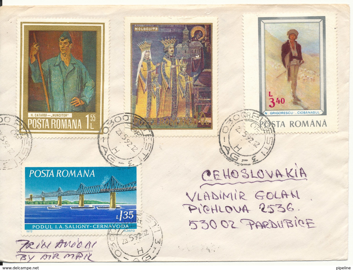 Romania Cover Sent To Czechoslovakia 23-5-1992 With A Lot Of Stamps On Front And Backside Of The Cover - Briefe U. Dokumente