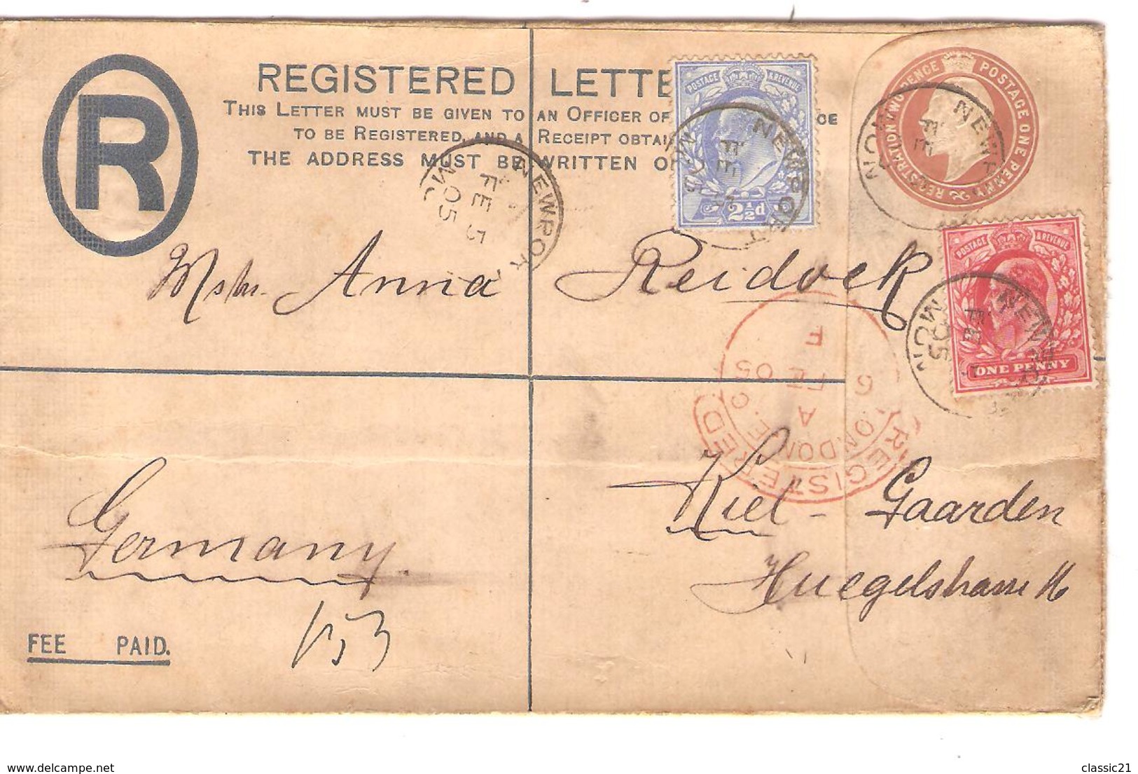 2312/ GB Registered Letter (PSL) Uprated Newport 1905 Via London To Kiel Germany - Entiers Postaux