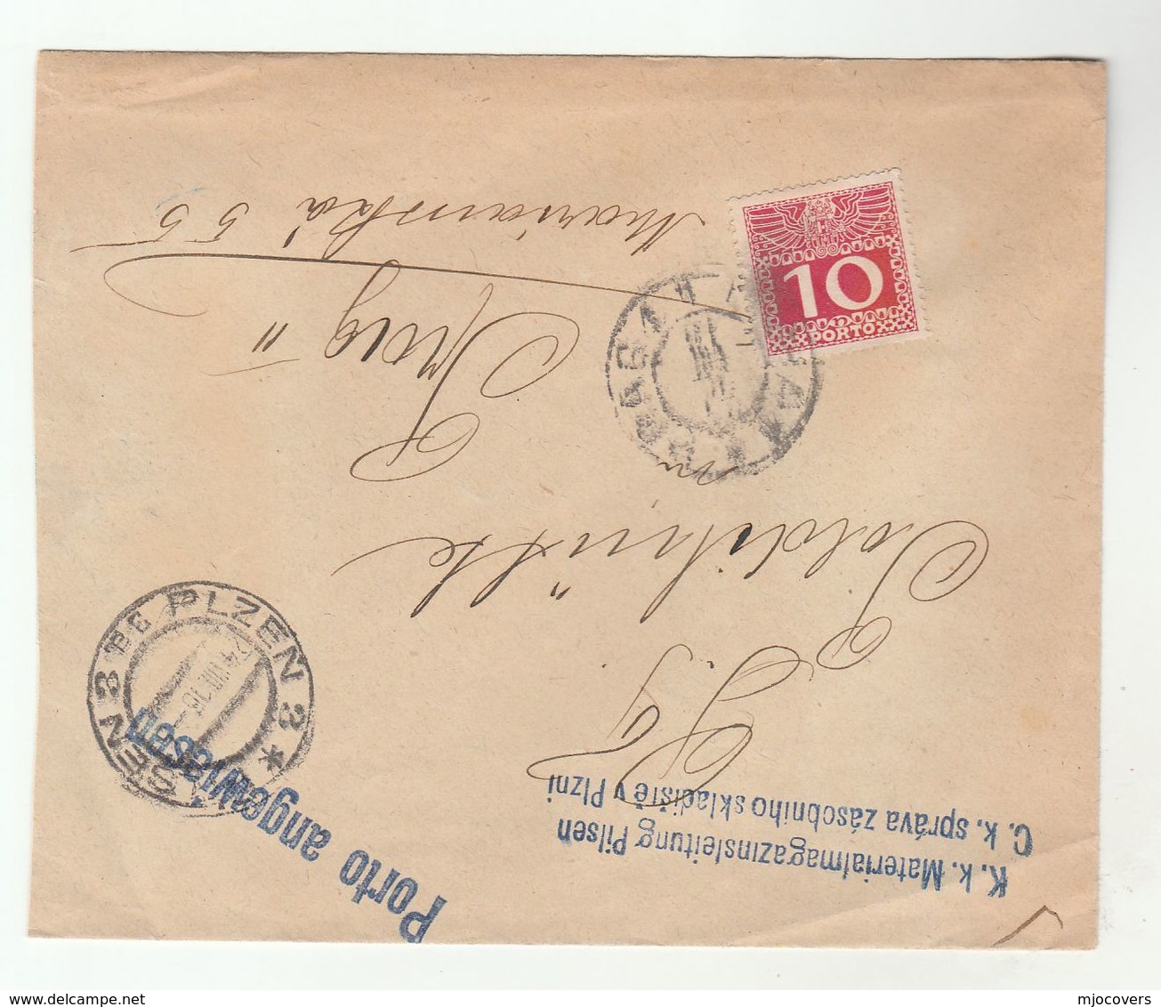 1916? PILZEN To PRAG  POSTAGE DUE Stamp COVER 'Porto Angewiesen' Post Marking From Materialmagazinsleitung Czech Austria - Covers & Documents