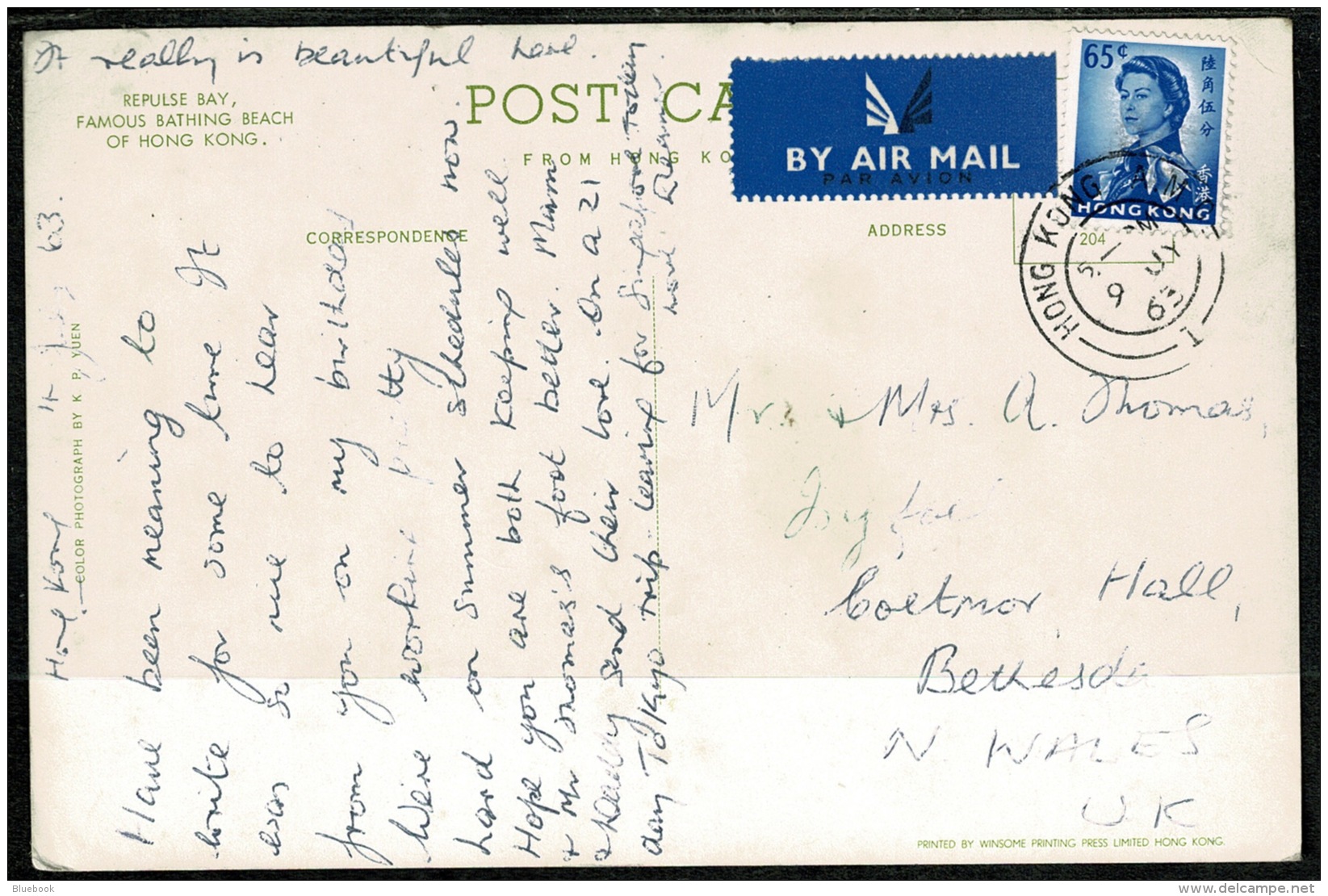 RB 1215 - 1963 Airmail Postcard Repulse Bay - 65c Rate Hong Kong To Wales - China (Hong Kong)