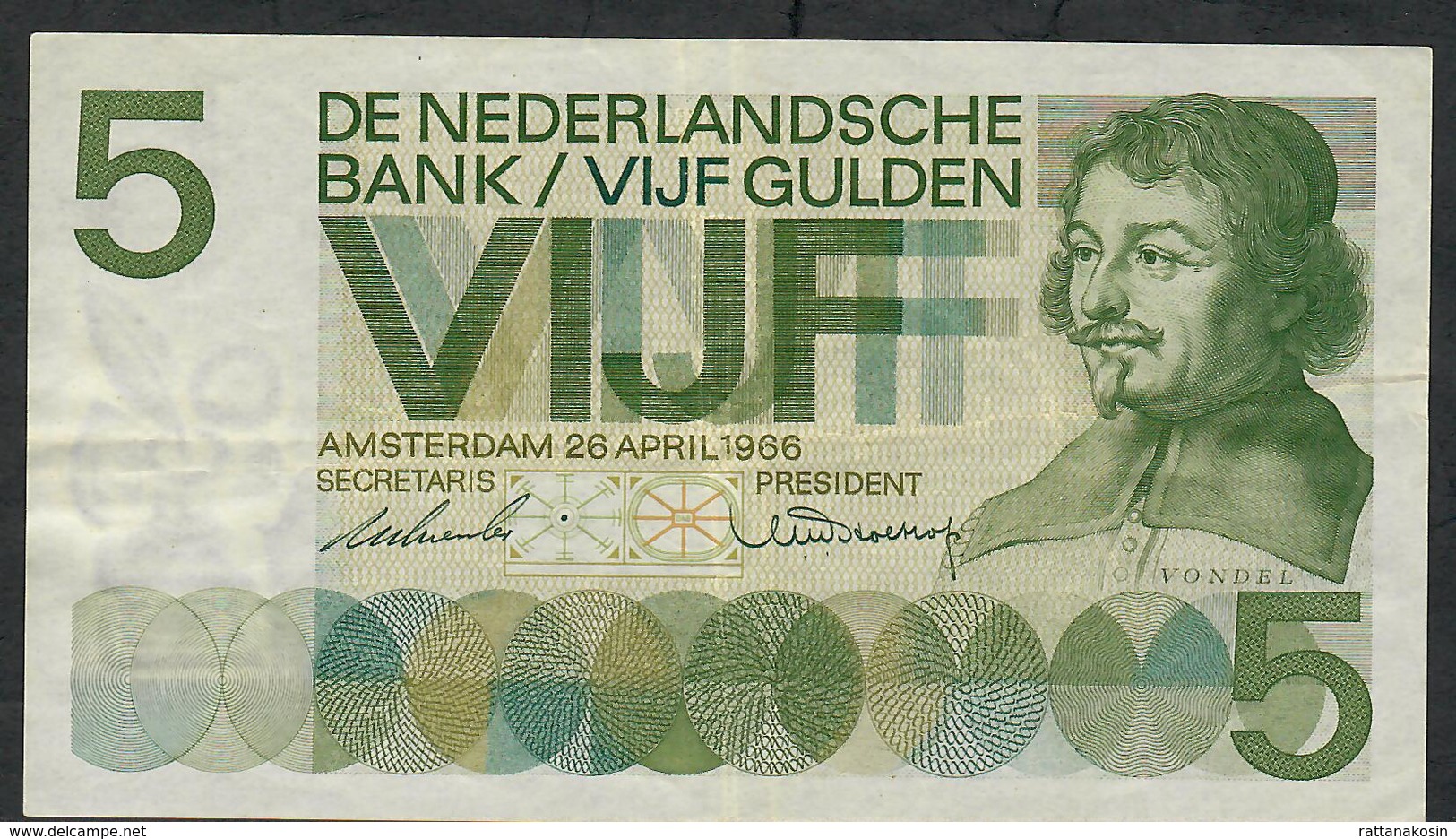 NETHERLANDS P90a 5 GULDEN 1966 VF NO Ph ! - 5 Gulden