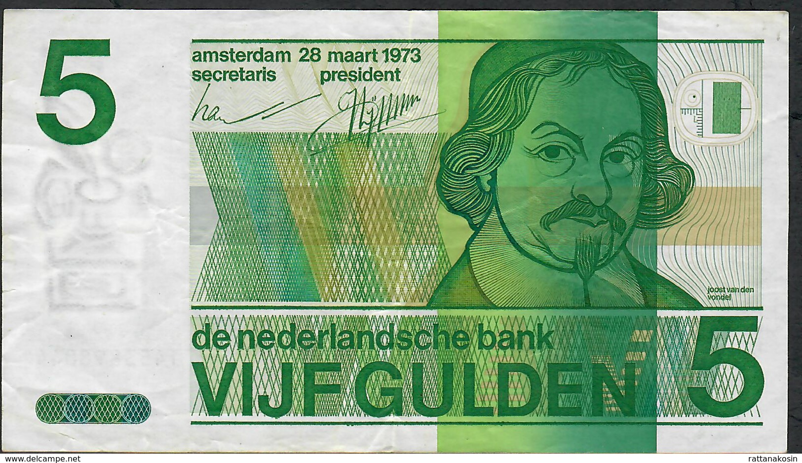 NETHERLANDS P95a 5 GULDEN 1973 VF NO Ph ! - 5 Gulden