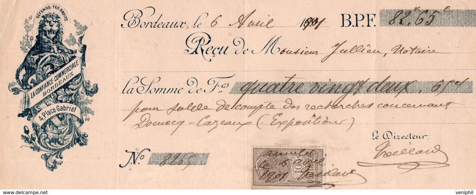 LETTRE DE CHANGE - LA CONFIANCE COMMERCIALE - BORDEAUX - 1901 - Bills Of Exchange