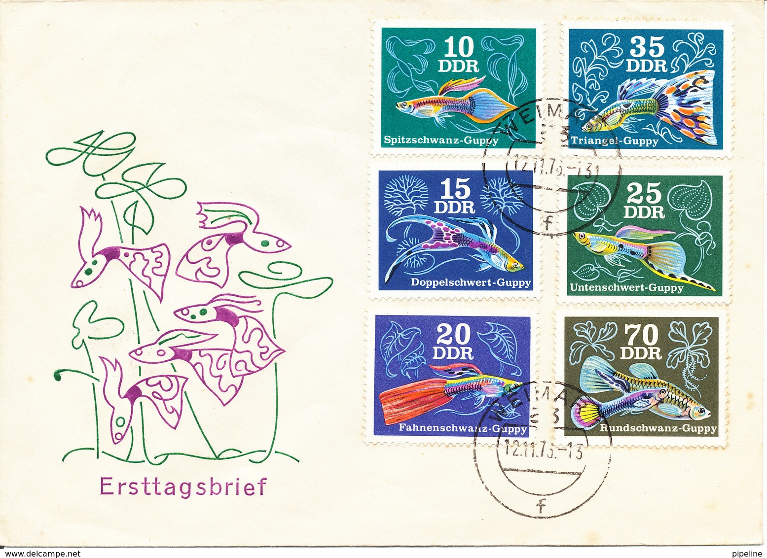 Germany DDR FDC 12-11-1976 Fish Guppy Complete Set Of 6 With Cachet - Autres & Non Classés