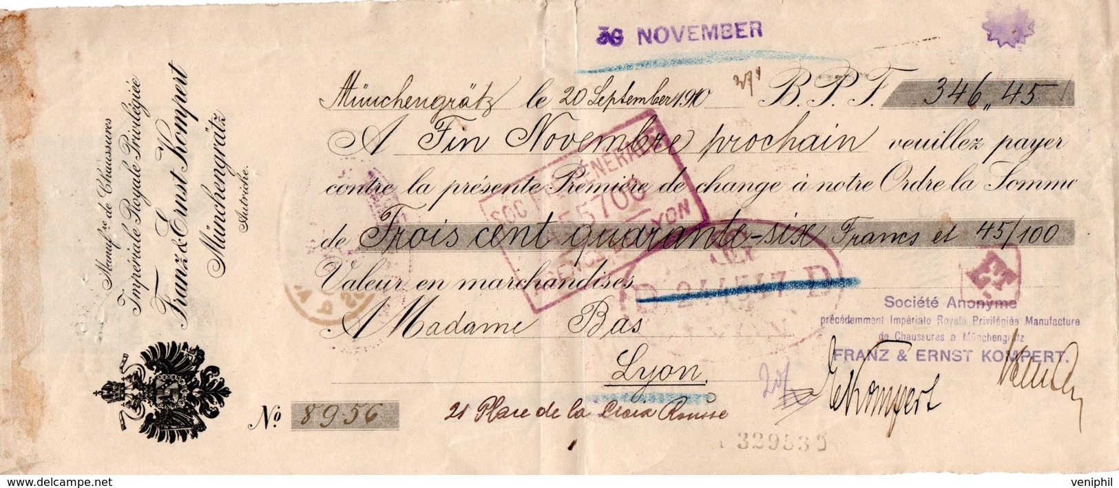 LETTRE DE CHANGE TIMBREE -AUTRICHE - MANUF DE CHAUSSURES IMPERIALE ROYALE -MUNCHENGRATTZ -1910 - Bills Of Exchange