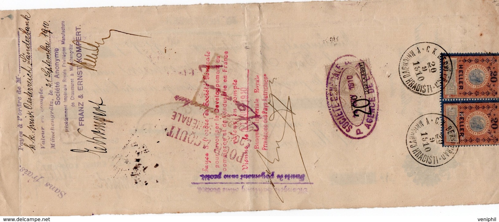 LETTRE DE CHANGE TIMBREE -AUTRICHE - MANUF DE CHAUSSURES IMPERIALE ROYALE -MUNCHENGRATTZ -1910 - Bills Of Exchange