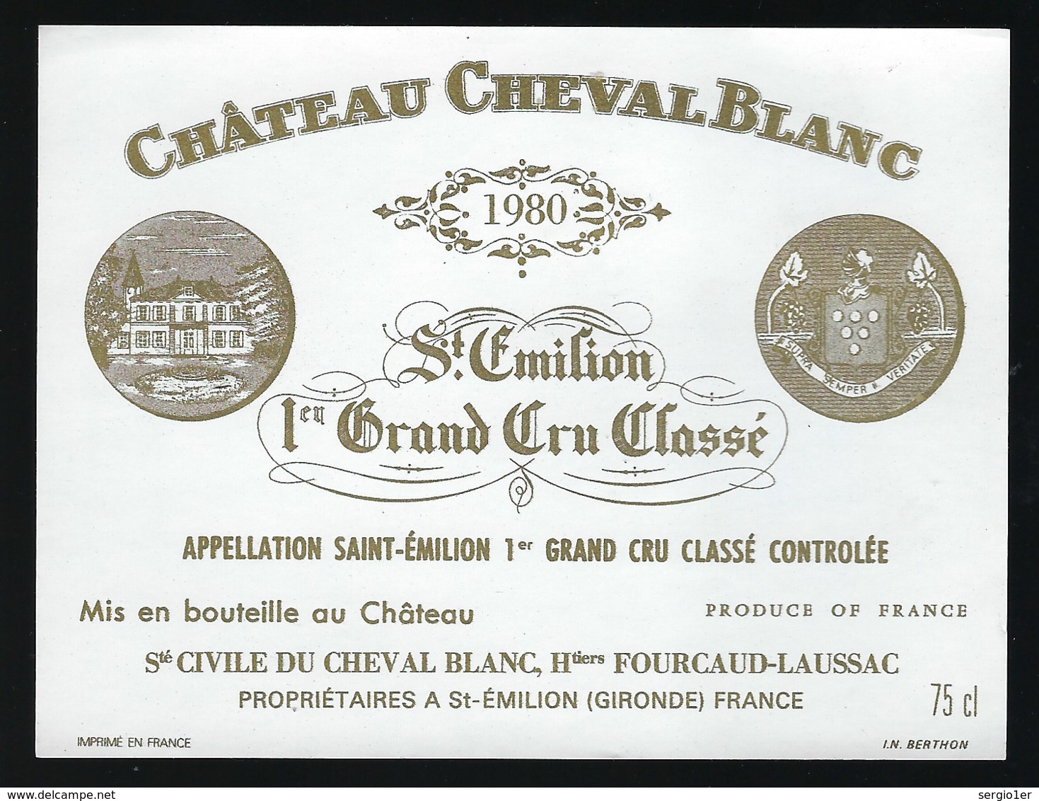 étiquette Vin  Chateau Cheval Blanc 1er Grand Cru Classé Saint Emilion 1980  Hritiers Fourcaud Laussac  Propriétaire - Bordeaux