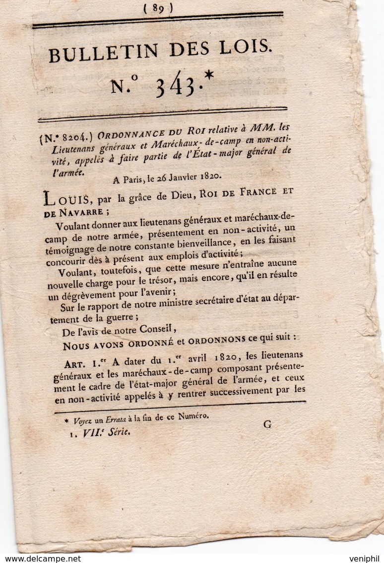 BULLETIN DES LOIS - 1820 ORDONNANCE DU ROI A MM LES LIEUTENANTS GENERAUX ET MARECHAUX - Décrets & Lois