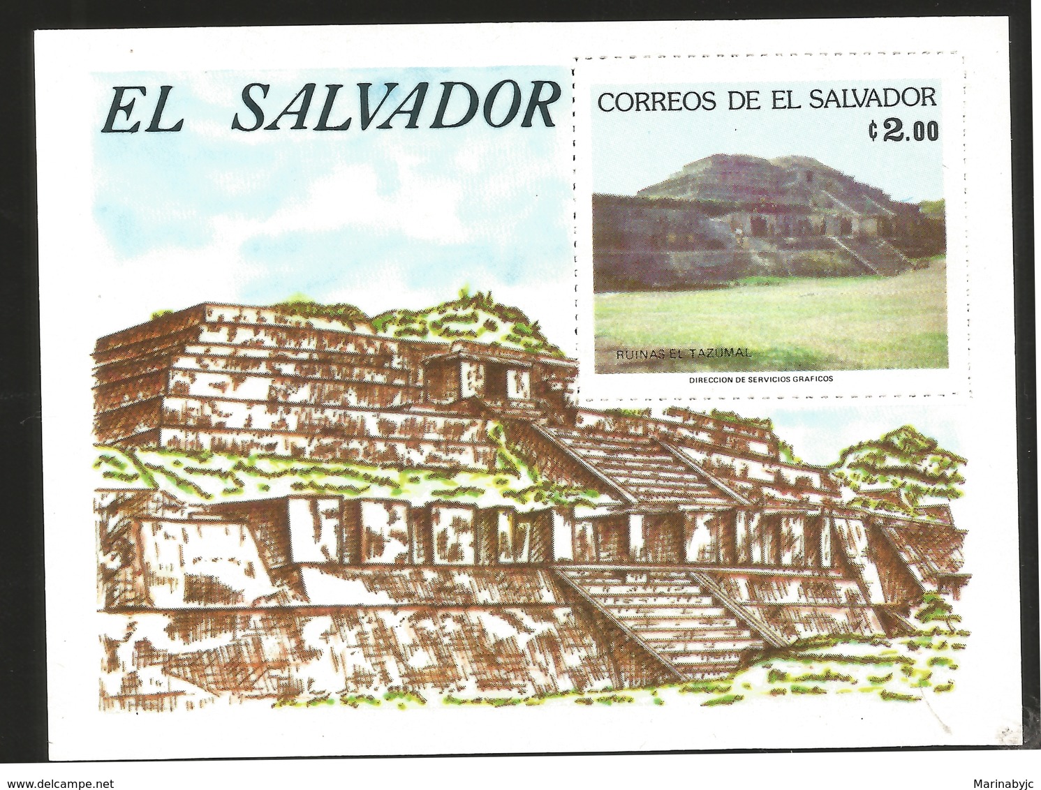 J) 1985 EL SALVADOR, ROULETTED, TAZUMAL RUINS, SOUVENIR SHEET, MN - El Salvador