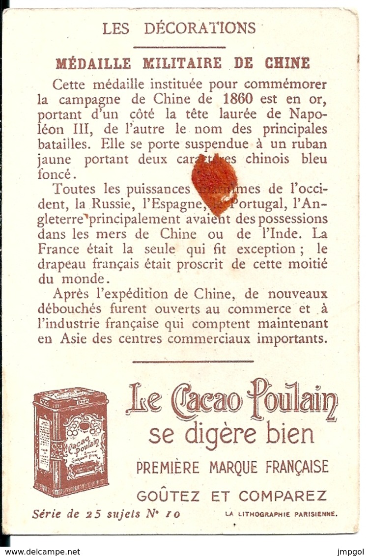 Chromos Chocolat Poulain Orange Série Les Décorations N°10 "Médaille Militaire De Chine" - Poulain