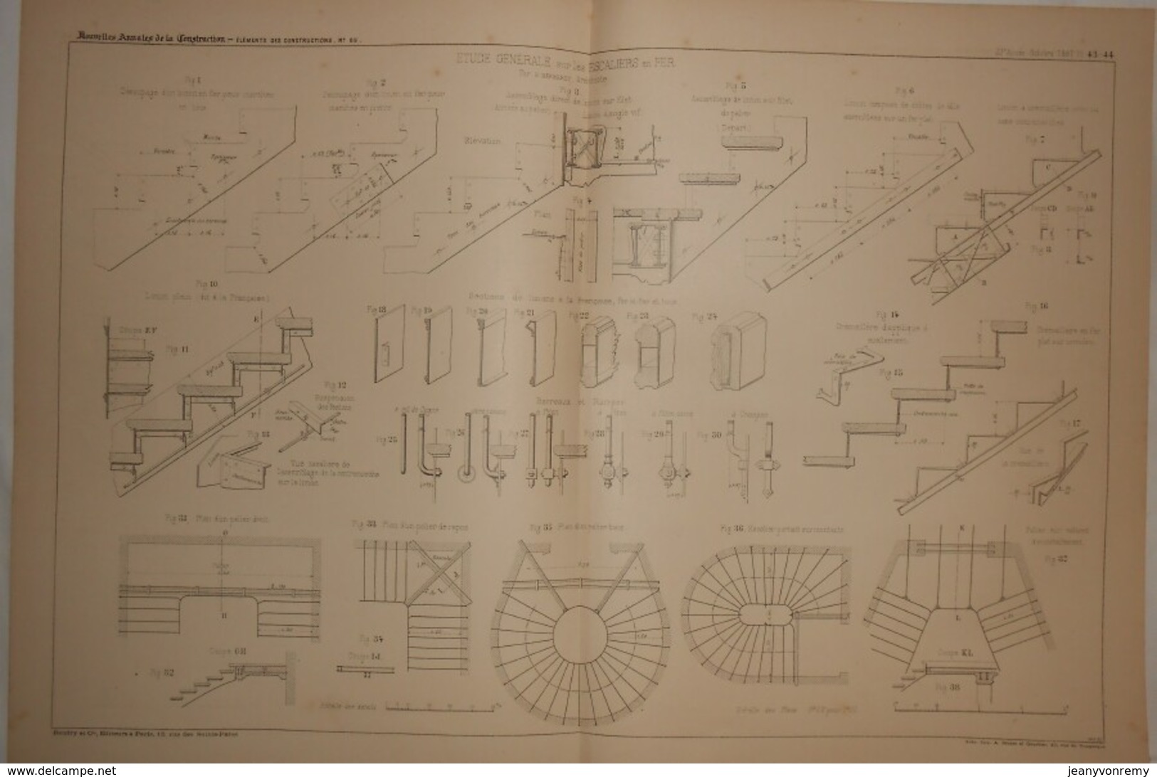 Plan De L'étude Générale Sur Les Escaliers En Fer. E. Barberot, Architecte. 1887. - Travaux Publics