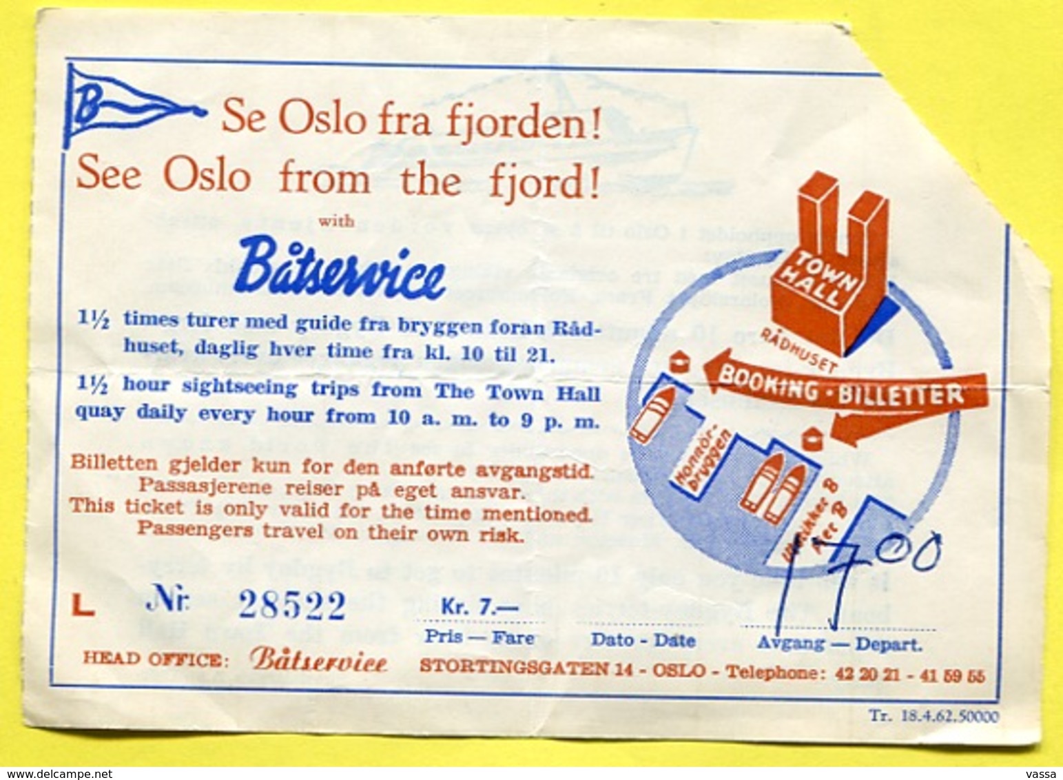 1962 - NORWAY - Ticket To See  Oslo From The Fjord .Bygdoy Ferries - Ferry Boat .NORGE - Other & Unclassified