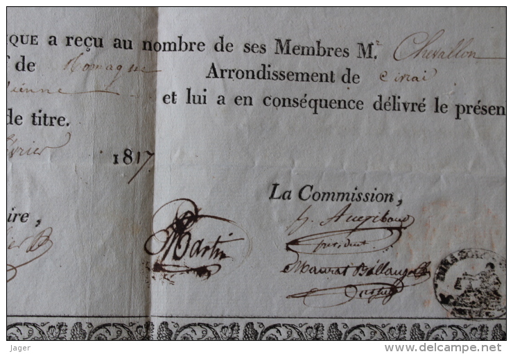 1817   Diplome De La Societe Dikazologique  Belel Frise Et Cachet De Cire  POITIERS - Documents Historiques