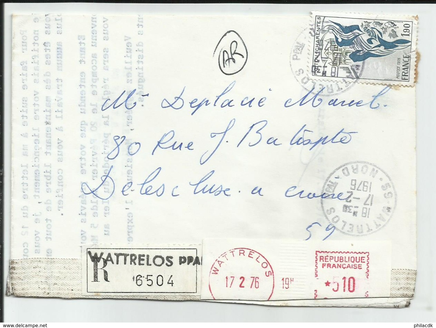 FRANCE - TIMBRE SUR LETTRE RECOMMANDEE WATTRELOS 17/2/1976 - Briefe U. Dokumente