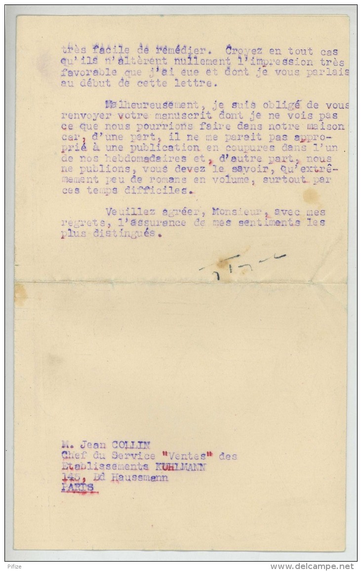 Lettre Tapuscrite 1934 Signée Par L'éditeur Joseph-Arthème Fayard Ou Son Fils Jean . Belle Réponse Diplomatique . - Autres & Non Classés