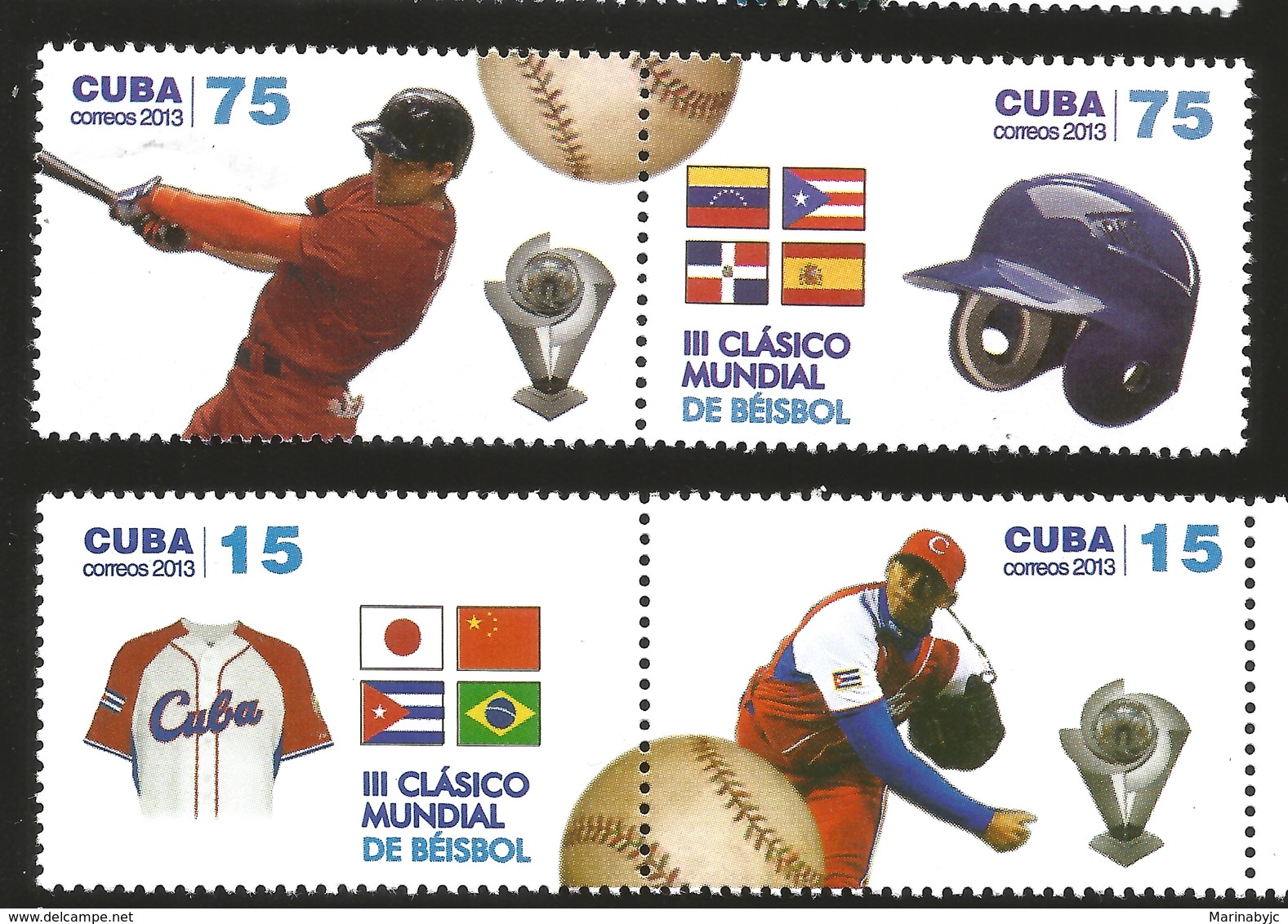 J) 2013 CUBA-CARIBE, SECOND CLASSIC OF BASEBALL, GLOVES, FLAGS, HELMET, BALL, PLAYER, TROPHY, 4 PAIRS, MNH - Lettres & Documents