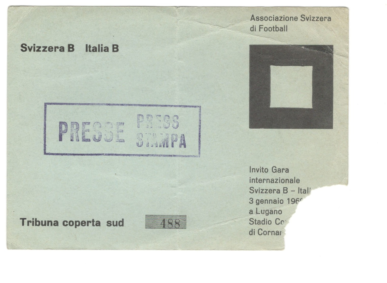 3 GENNAIO 1960 - LUGANO - SVIZZERA B Vs ITALIA B - STADIO COMUNALE DI CORNAREDO - BIGLIETTO CALCIO - Biglietti D'ingresso