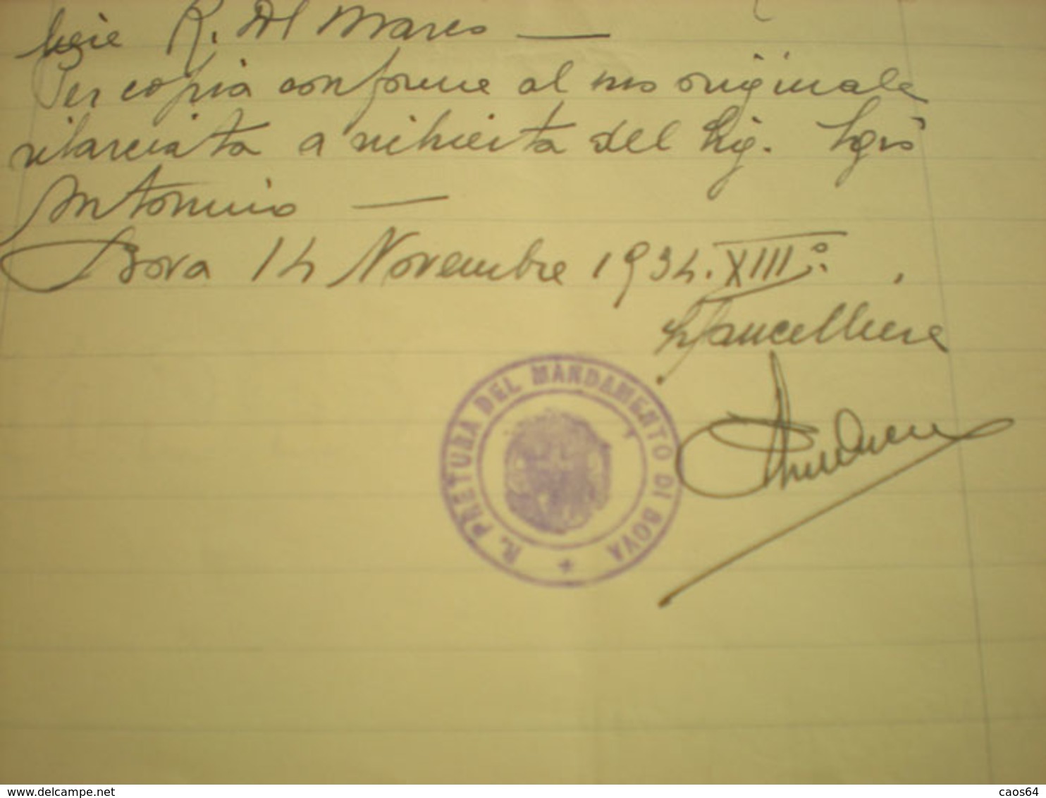 Italia Regno 1934  Carta Bollata Lire 7  Filigrana 1934 XII PMF Timbro Prefettura Bova - Fiscali