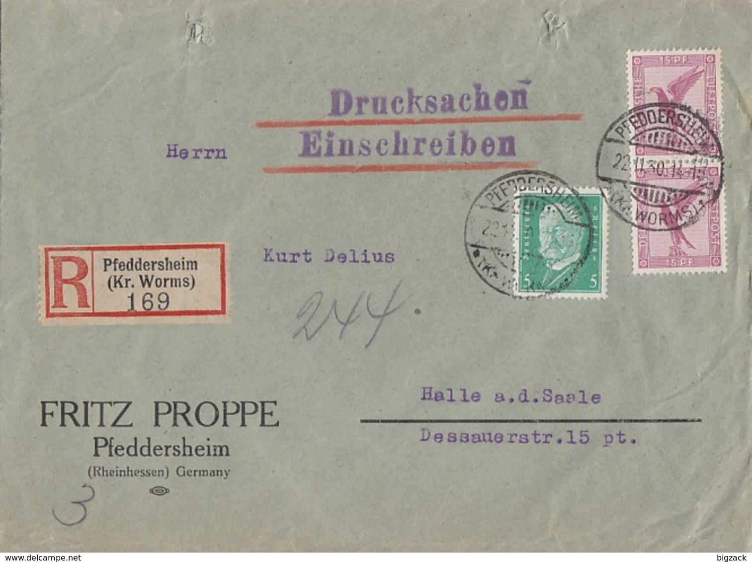 DR Drucksache-R-Brief Mif Minr.2x A379,411 Pfeddersheim 22.11.30 Seltene Portostufe - Briefe U. Dokumente