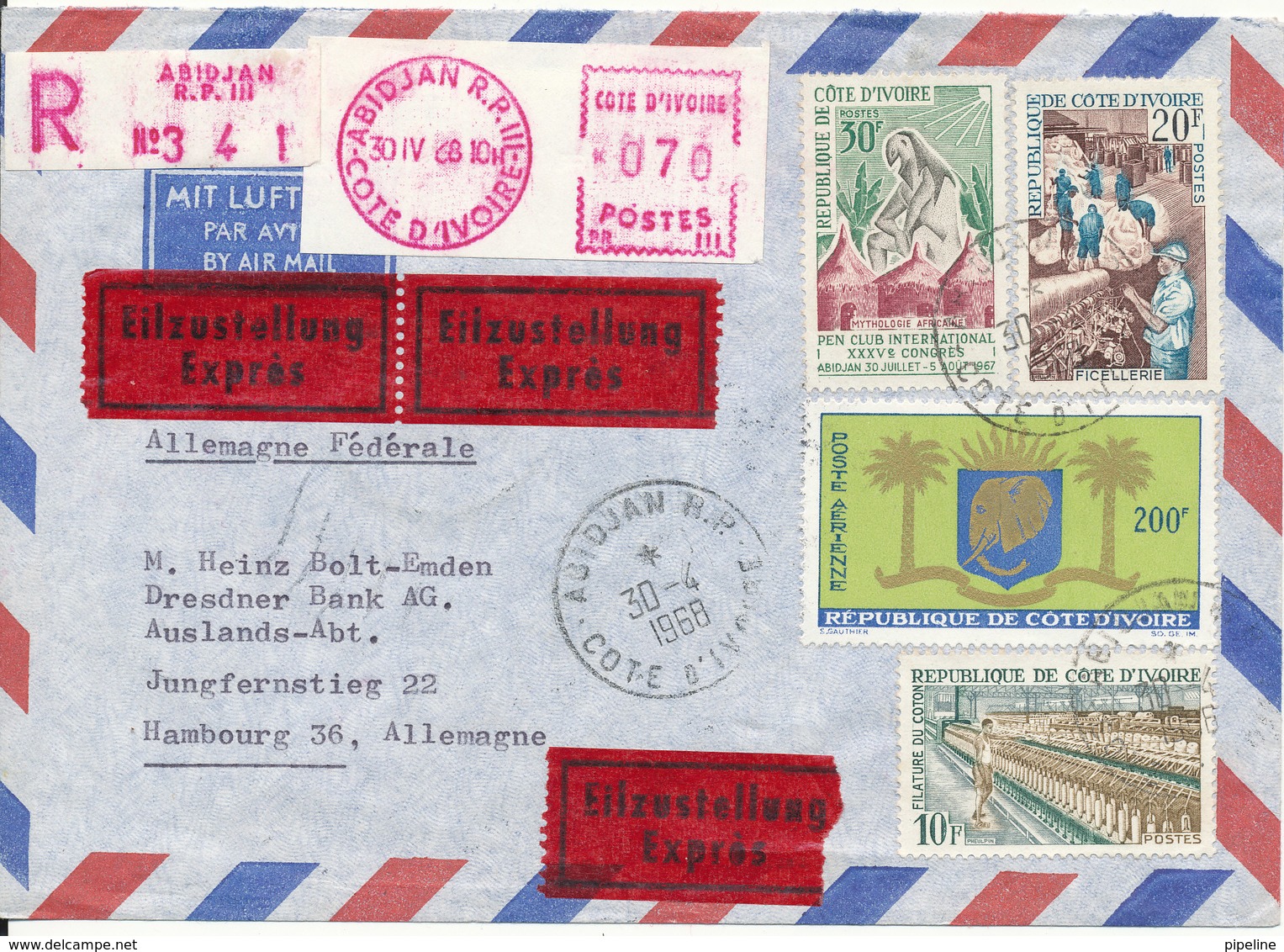 Ivory Coast Registered Air Mail Cover Sent Express To Germany 30-4-1968 With More Topic Stamps And Meter Cancel - Ivory Coast (1960-...)