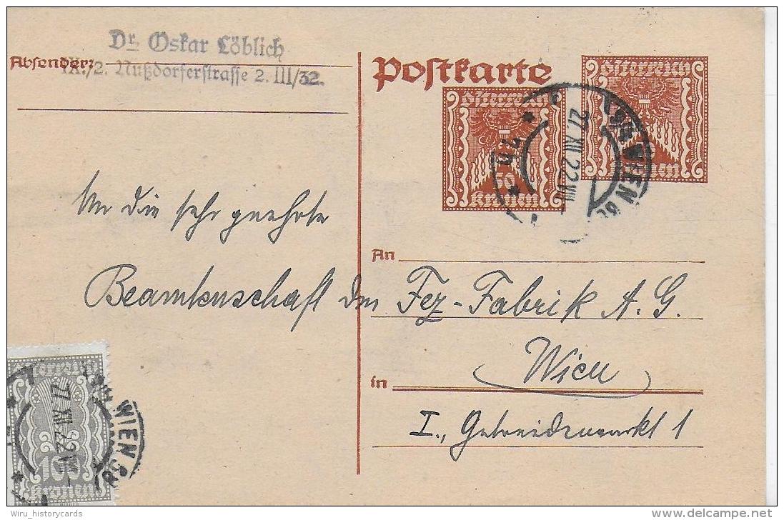 M 1  Postkarte Österreich 50 Kronen Mit Zusatzfrankatur Um 1922 - Briefe U. Dokumente