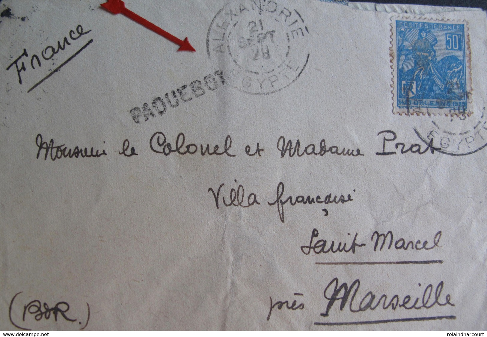 A106 - LETTRE - CàD : ALEXANDRIE (EGYPTE) 21 SEPT 1929. >>> MARSEILLE (FRANCE) - MARQUE LINEAIRE " PAQUEBOT " - Lettres & Documents