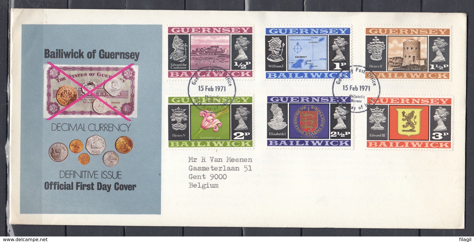 Fdc Guersney - Decimal Currency - Guersney Post Office (15 Februari 1971) - Guernesey