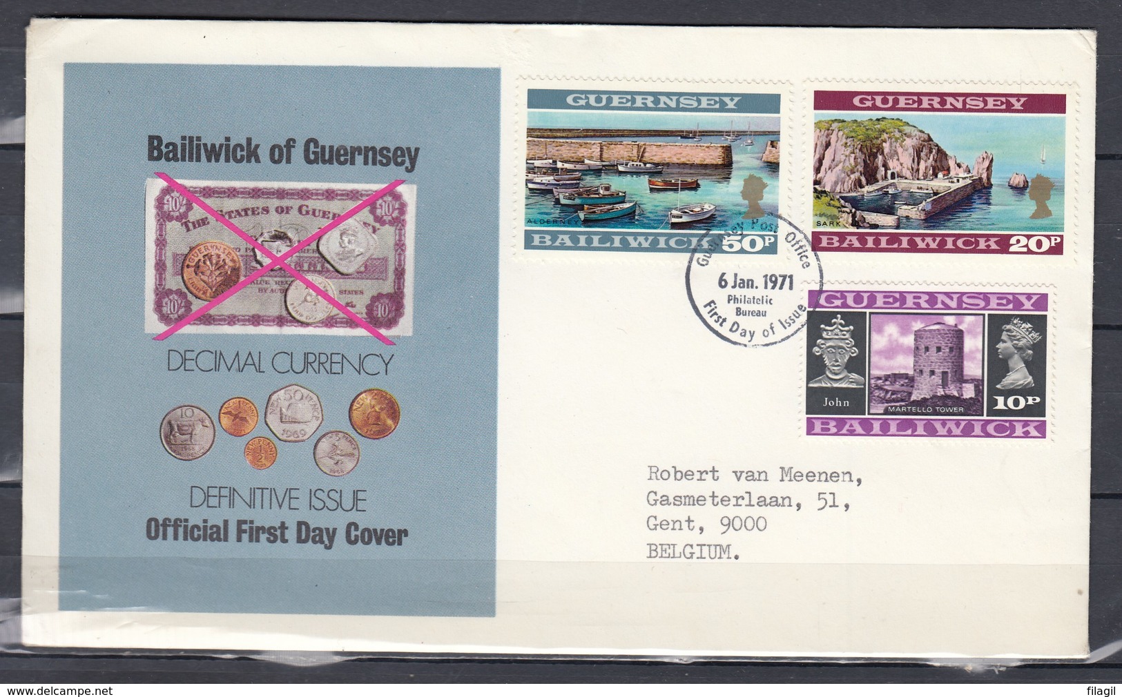 Fdc Guersney - Decimal Currency - Guersney Post Office (6 Januari 1971) - Guernesey