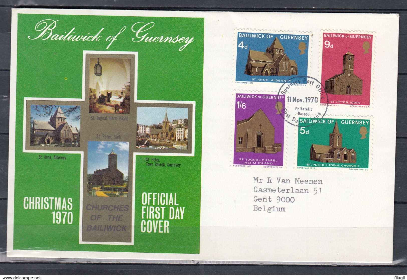 Fdc Guersney - Churches Of The Bailiwick - Guersney Post Office (11 November 1970) - Guernsey