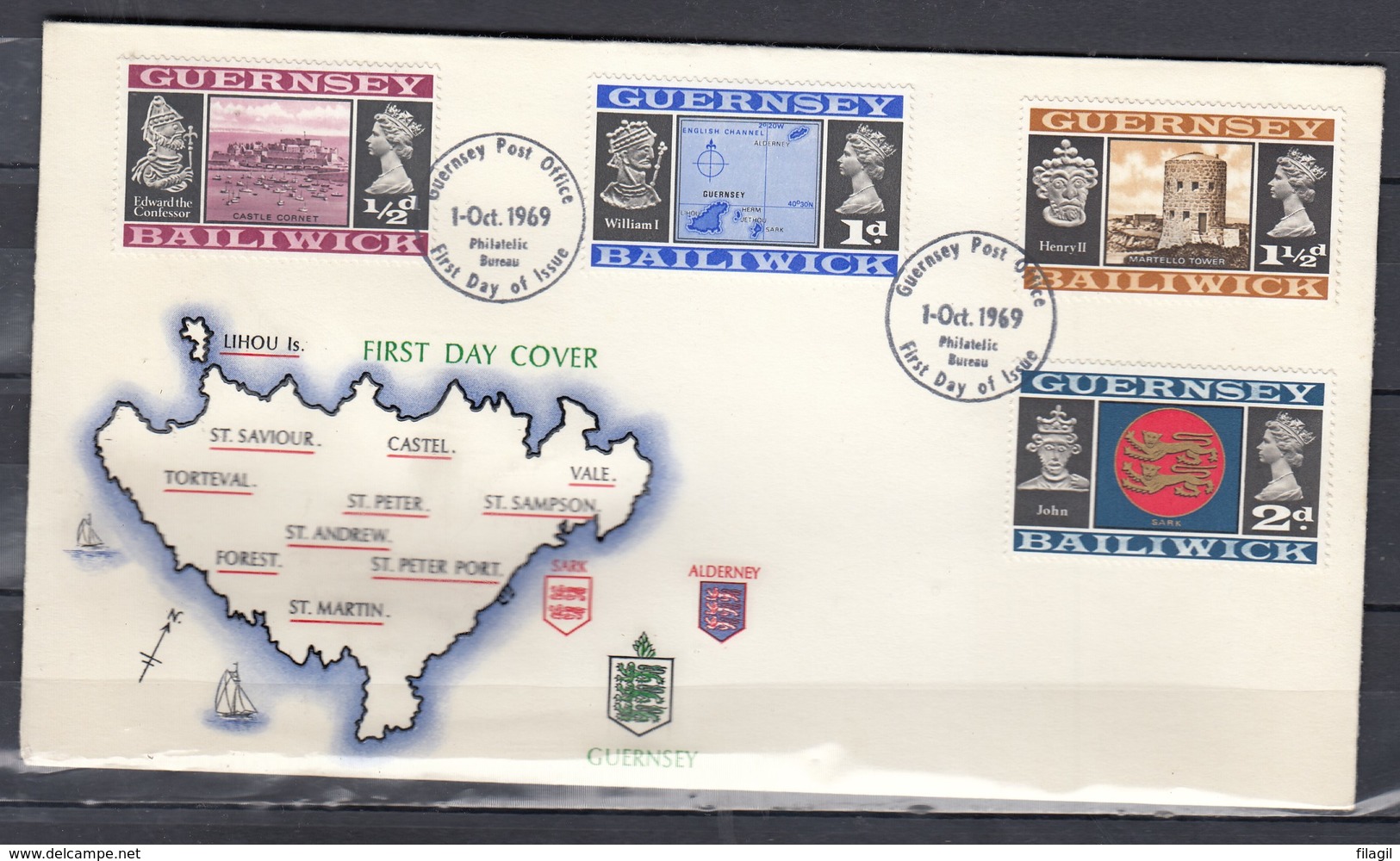 Fdc Guersney - Guernsey Post Office (1 October 1969) - Guernesey