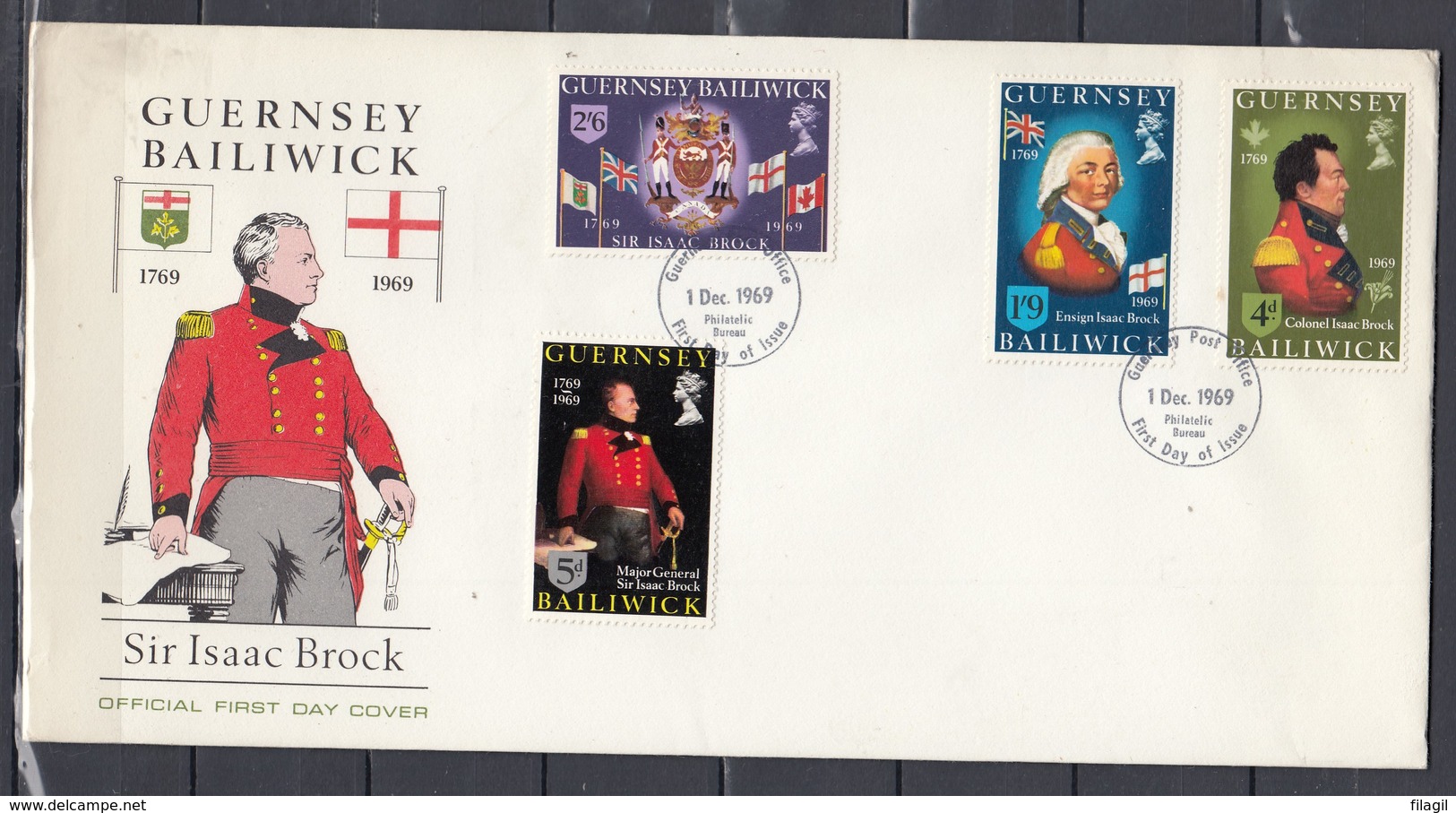 Fdc Guersney - Sir Isaac Brock - Guernsey Post Offic (1 December 1969) - Guernesey