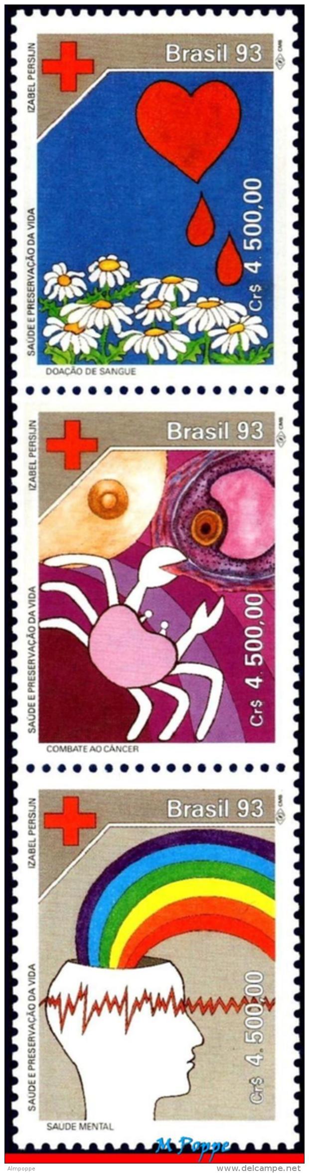 Ref. BR-2403A BRAZIL 1993 HEALTH, PRESERVATION OF LIFE, RED, CROSS, HEART, CANCER, MI# 2515-17, MNH 3V Sc# 2401-2403 - Unused Stamps