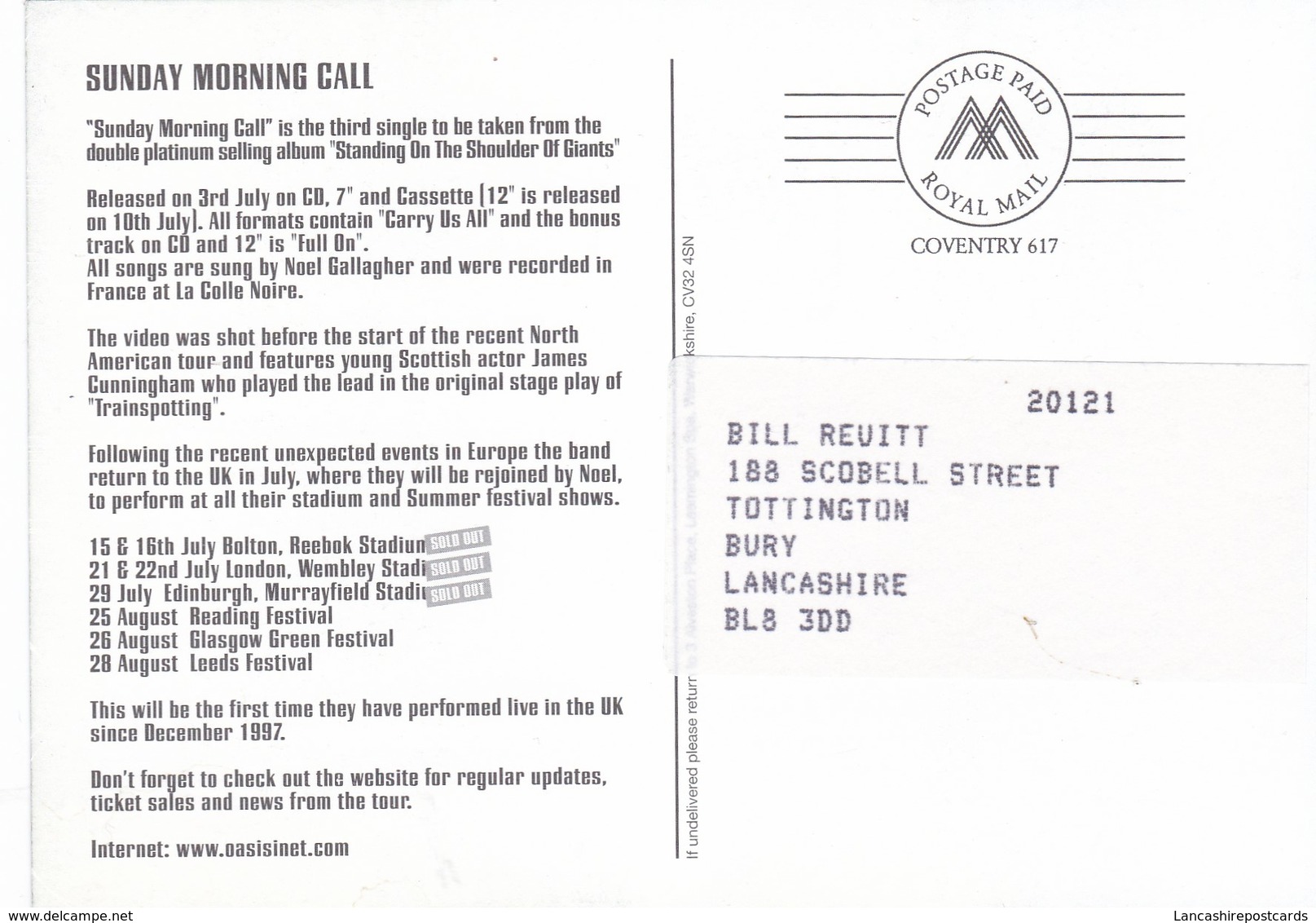 Postcard Oasis Advertising / Promoting Release Of The Single Sunday Morning Call My Ref  B22799 - Music And Musicians